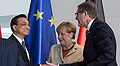 Li Keqiang (Premier de China), Martin Winterkorn (CEO de VW) y Angela Merkel (canciller de Alemania)